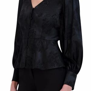 BCBGMAXAZRIA Jacquard V-Neck Bishop Sleeve Peplum Blouse